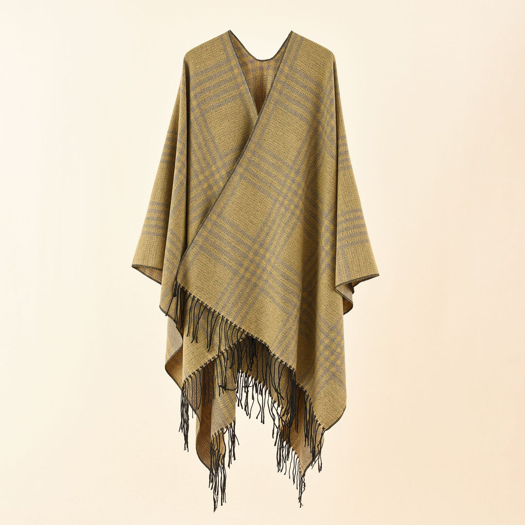 Women's Ruana Poncho with V-neck, boxy kimono fit, and fringe hem Mune Fashion