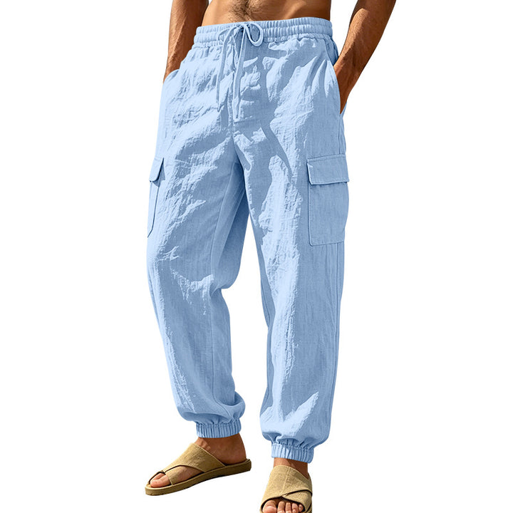 Men's lightweight cargo jogger pants made of linen blend with elastic drawstring waistband, patch flap pockets, and ribbed leg cuffs Mune Fashion
