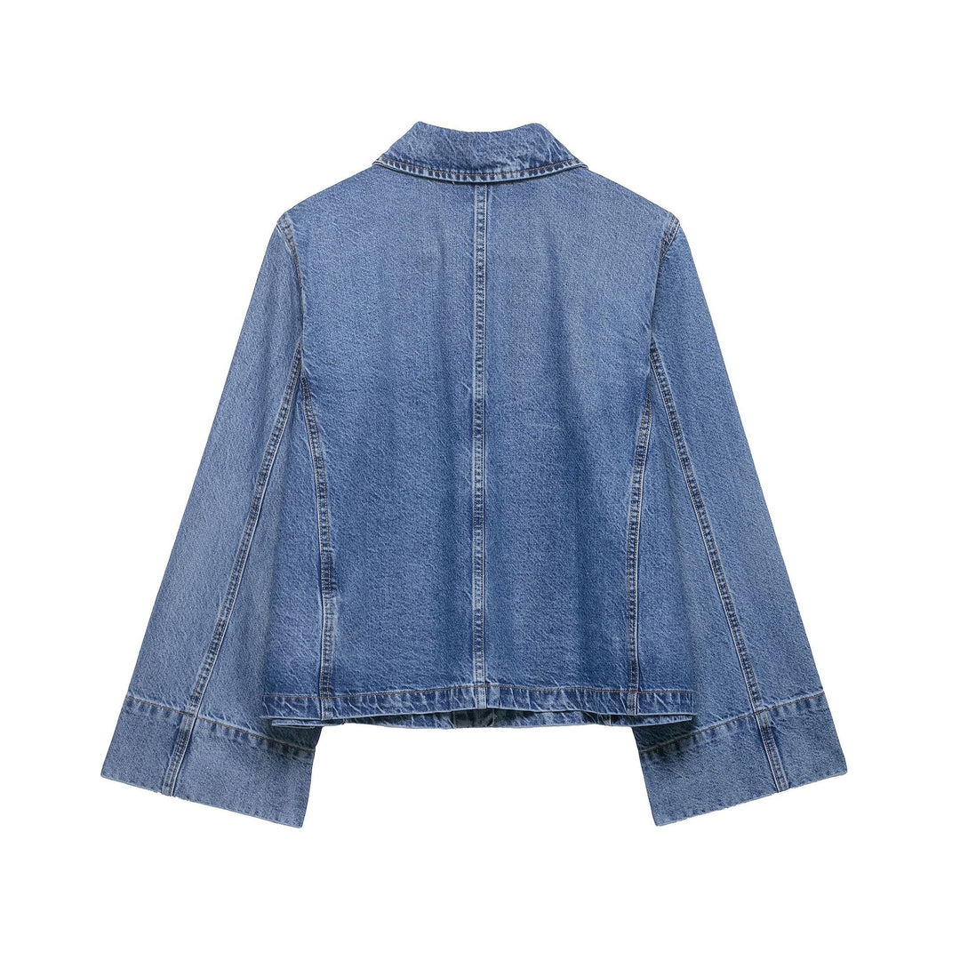 Women's Cropped Oversized Denim Jacket with Large Patch Pockets and Visible Button Placket Mune Fashion