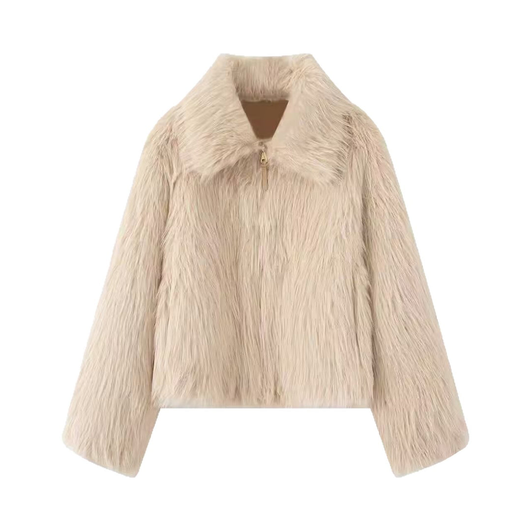 Women Short Faux Fur Cropped Jacket with Voluminous Shawl Collar and Front Zipper Mune Fashion