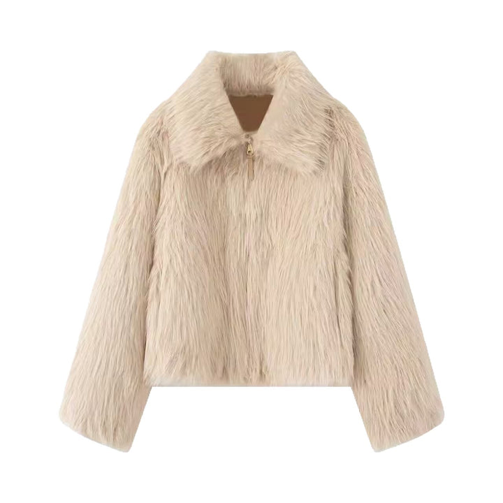 Women Short Faux Fur Cropped Jacket with Voluminous Shawl Collar and Front Zipper Mune Fashion