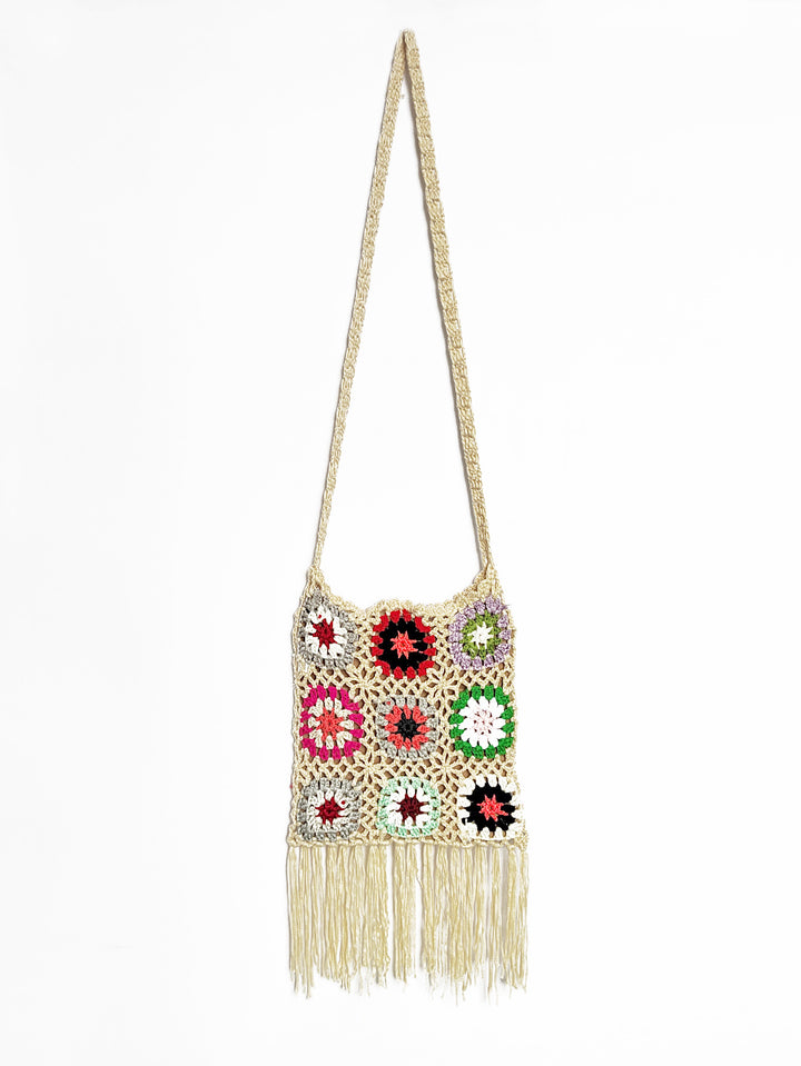 Women crocheted shoulder bag with colorful floral patterns and fringes Mune Fashion
