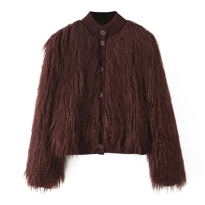 Women Short Cut Shaggy Faux Fur Cardigan with Ribbed Collar and Button Placket Mune Fashion