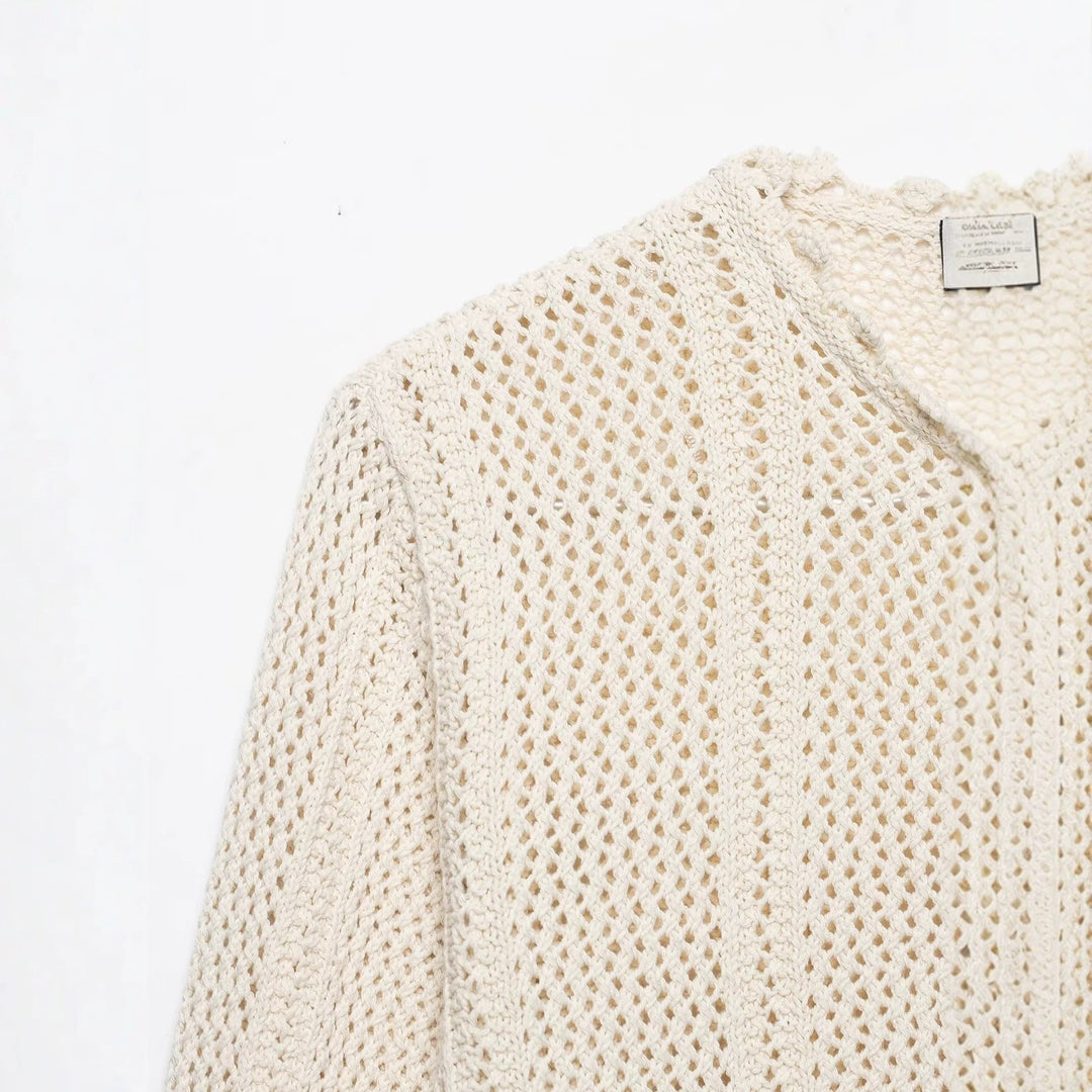 Women Loose Crochet Knit Cardigan with Fine Lace Pattern and Scallop Hem Mune Fashion
