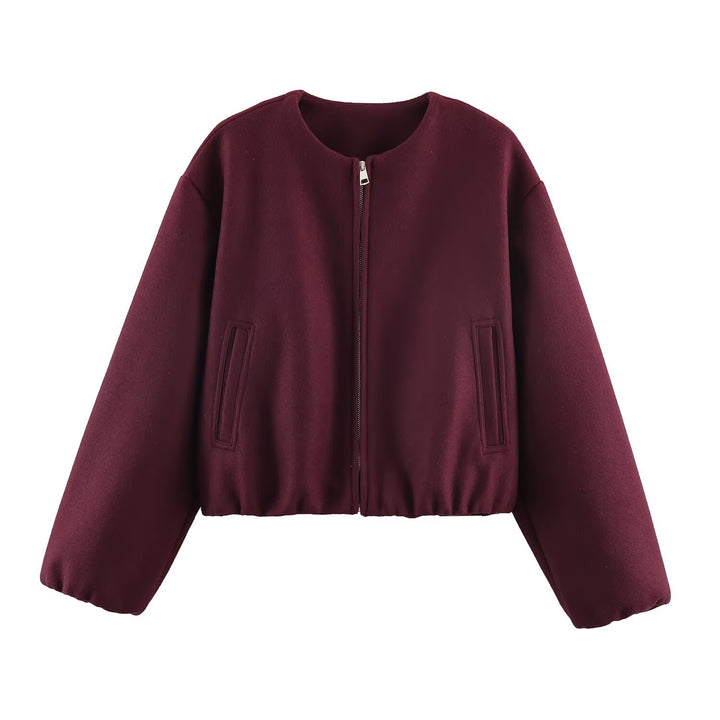 Women Short Bomber Jacket with Round Neck, Zipper and Elastic Hem Mune Fashion