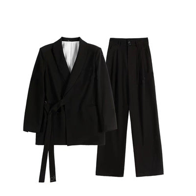 Women's Asymmetric Wrap Blazer Set with Tie Belt and Wide Pleat Pants Mune Fashion