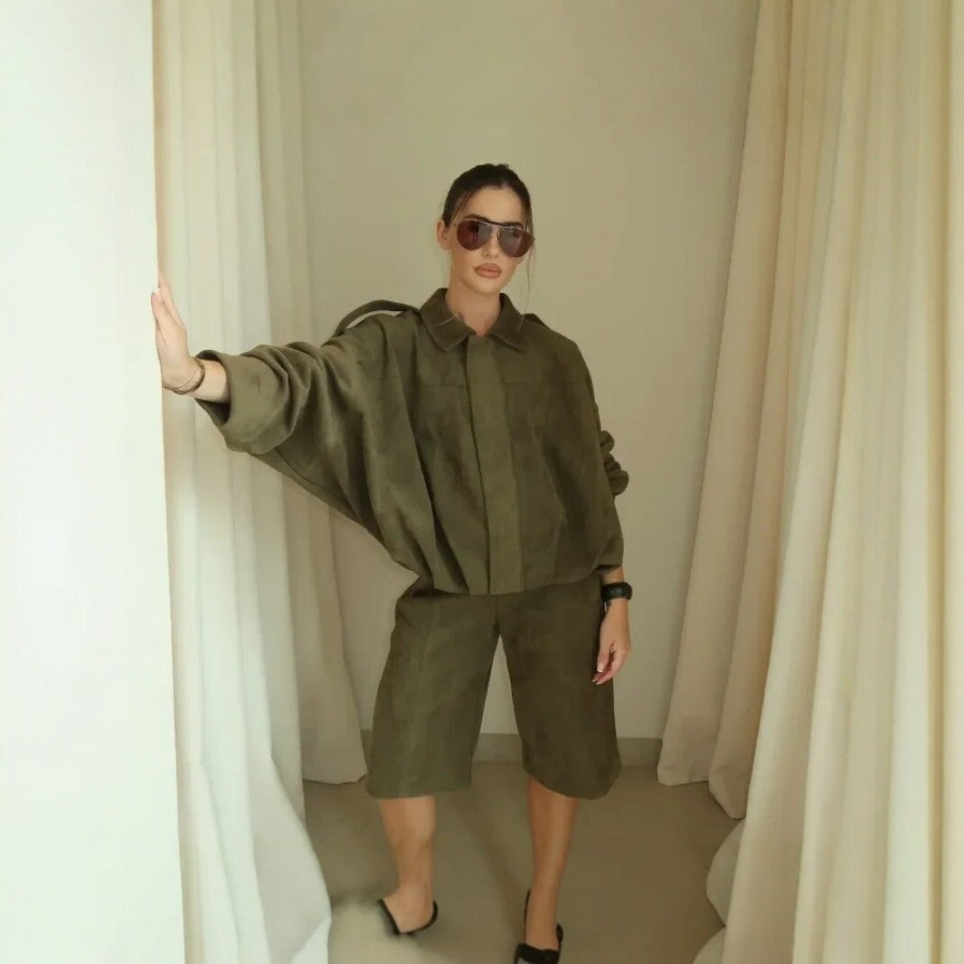 Women's Oversize Cropped Velour Blouson with Drawstring Hem and Shoulder Epaulettes Mune Fashion