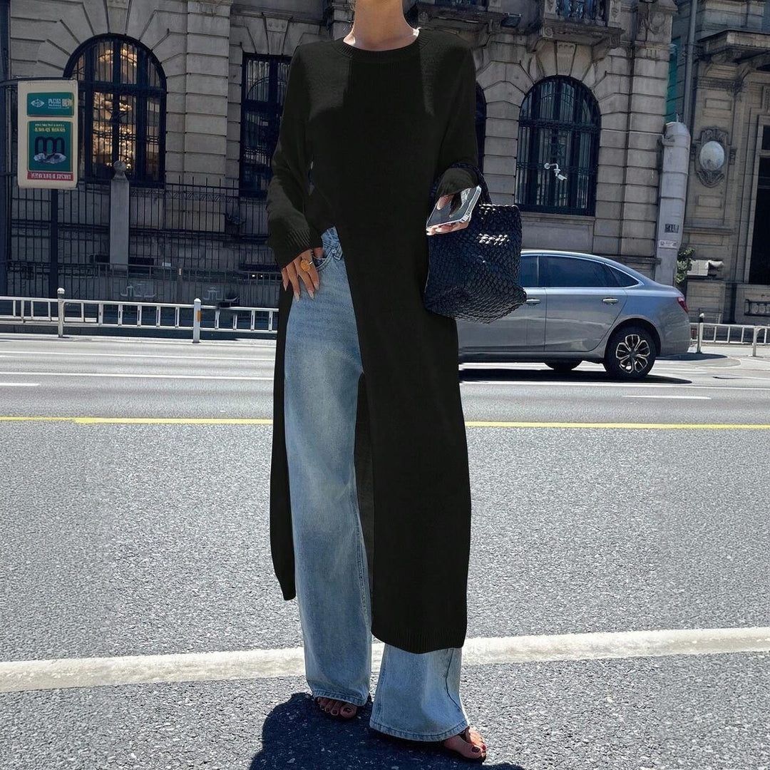 Women's Long Fine Knit Tunic Sweater with High Side Slit Mune Fashion