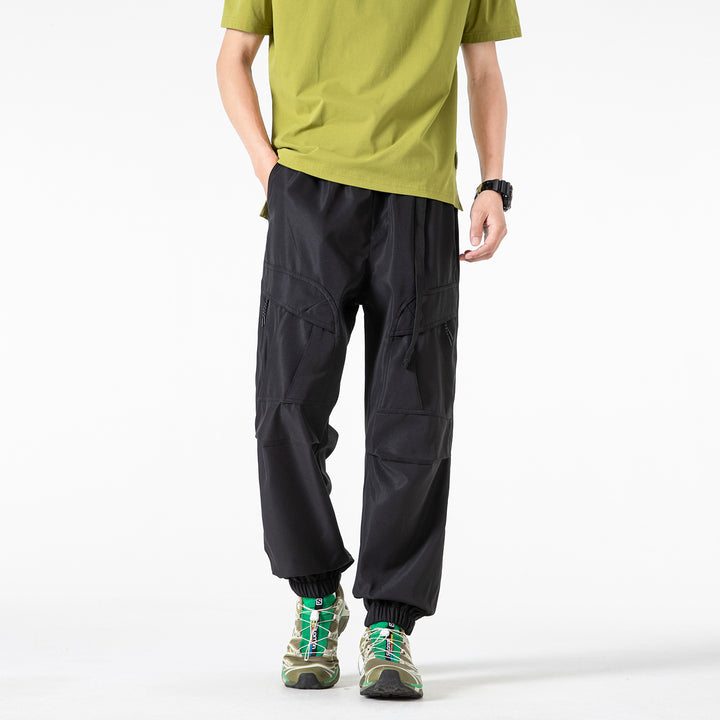 Men's Loose Technical Cargo Jogger Pants with Elastic Drawstring Waistband and Multiple Pockets Drune