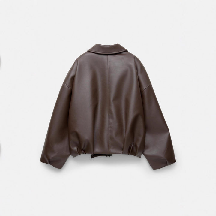 Women's short cut faux leather jacket with full zipper and figure-hugging belt Mune Fashion