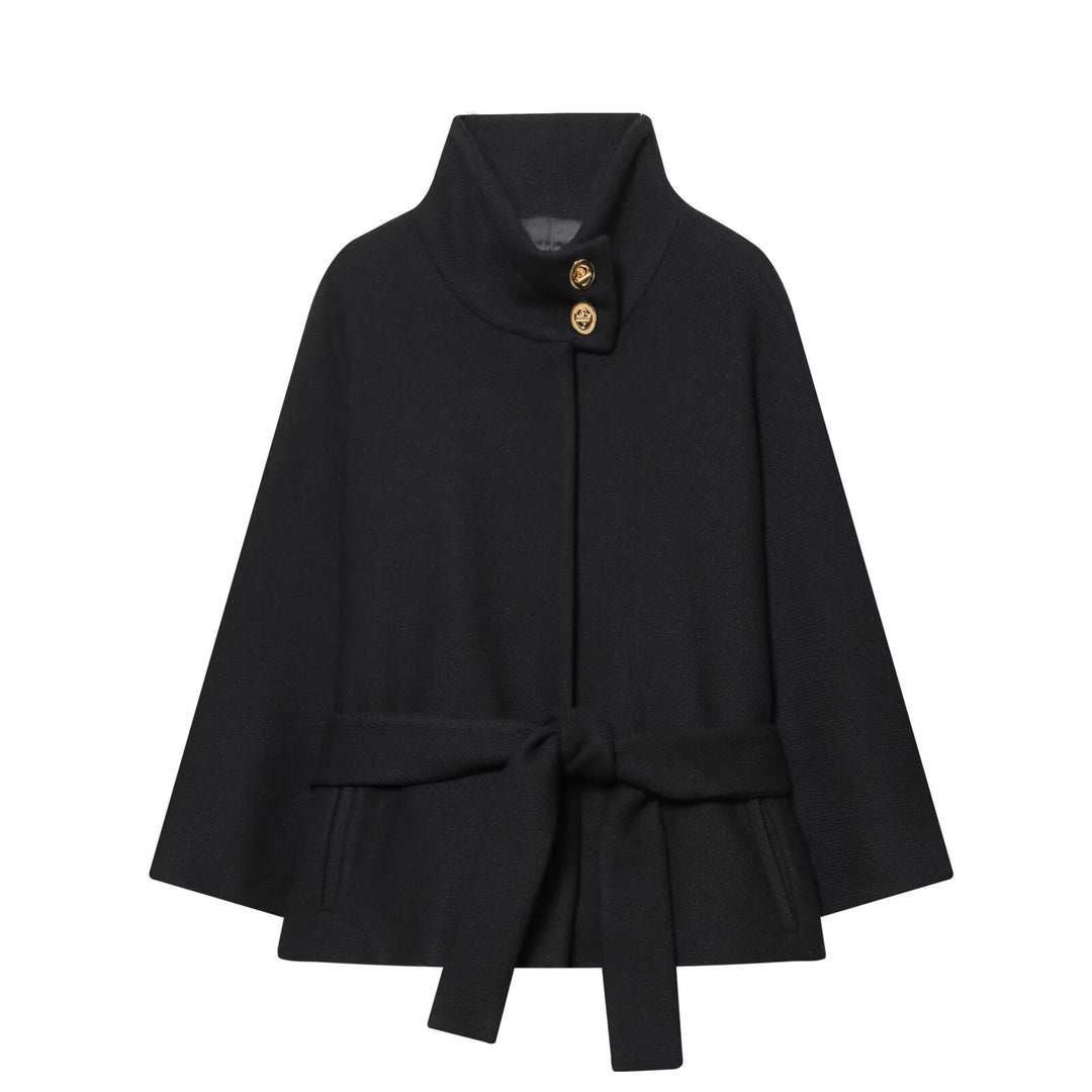 Ladies Cape Coat with Stand Collar, Tie Belt and Decorative Decorative Buttons Mune Fashion