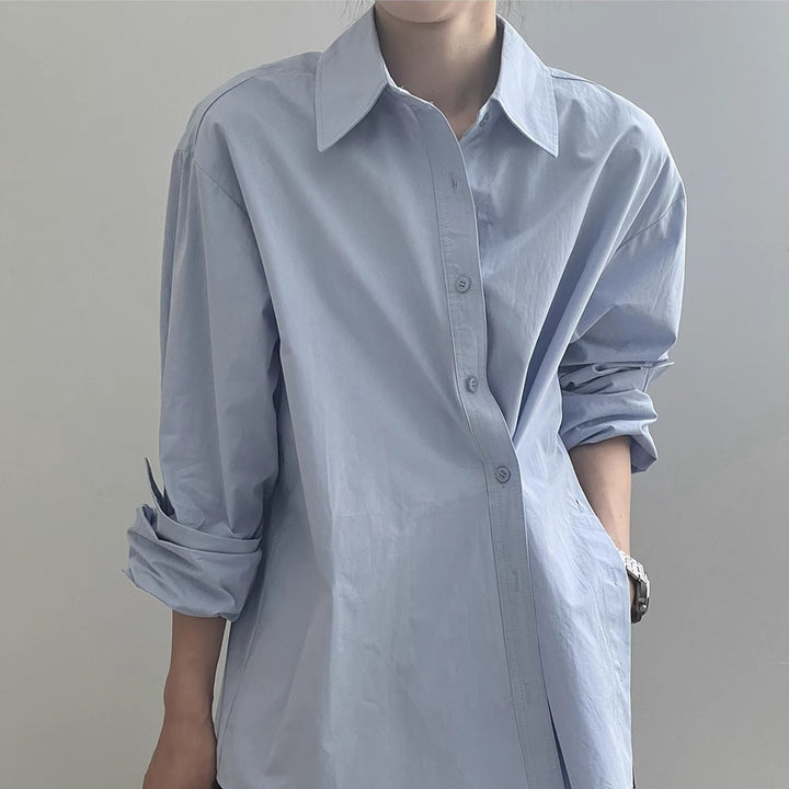 Women’s Oversized Shirt Blouse with Asymmetric Hem and Dropped Shoulder Mune Fashion
