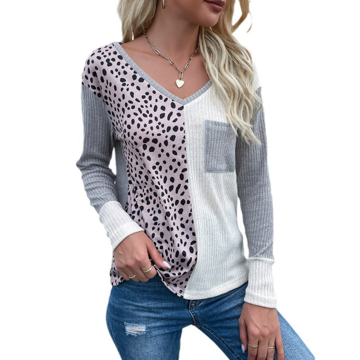 Women Patchwork Long Sleeve Shirt with V-Neck, Ribbed Texture and Animal Print Mune Fashion