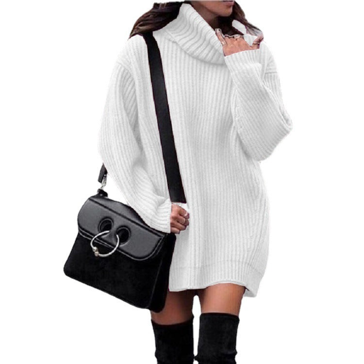 Women Oversized Long Sweater with Roll Neck, Ribbed Fine Knit and Figure-Flattering Tunic Length Mune Fashion