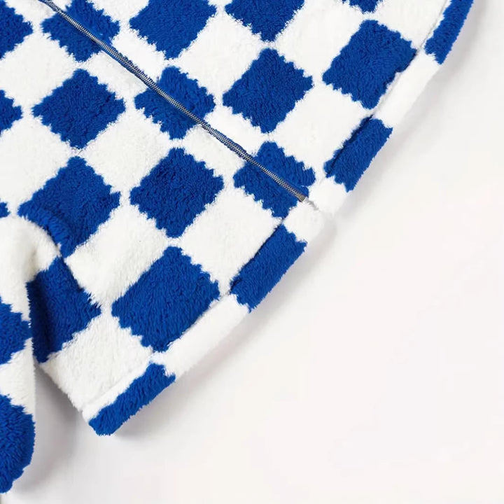 Women's Checked Design Teddy Fleece Jacket with Stand-Up Collar, Zipper and Oversized Cut Mune Fashion