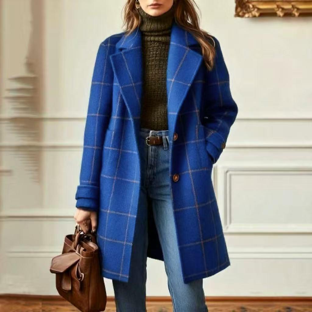 Women's checked wool blend coat with lapel collar, patch pockets, and tailored silhouette Mune Fashion