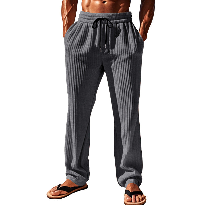 Men's casual ribbed leisure pants with drawstring waistband, side pockets, and straight leg Mune Fashion