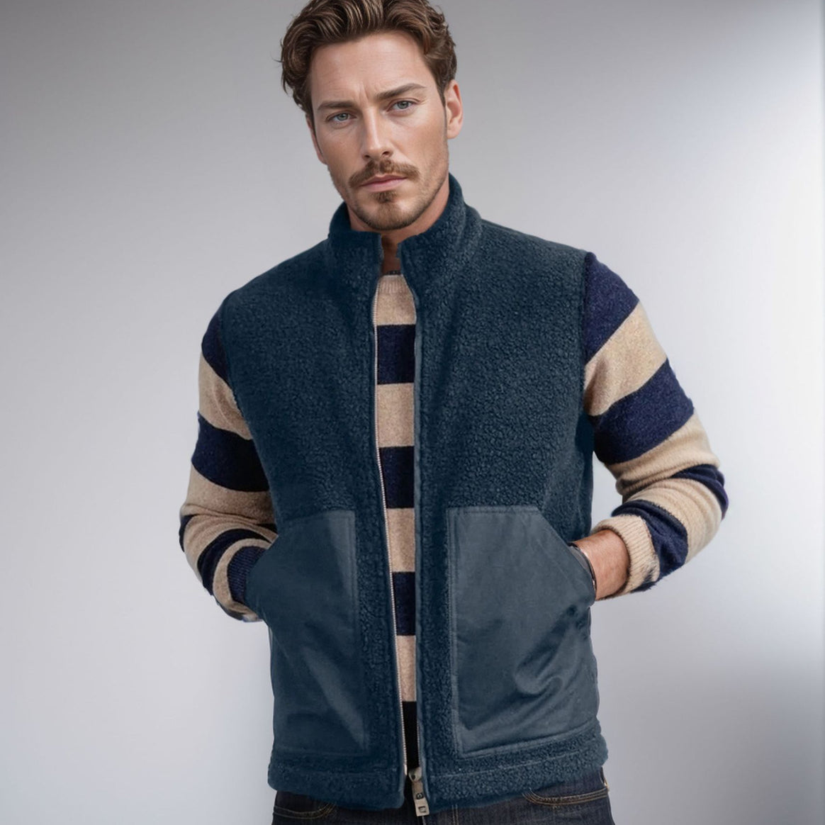 Women short-cut bouclé fleece vest with stand-up collar, two-way zipper and contrasting patch pockets Mune Fashion