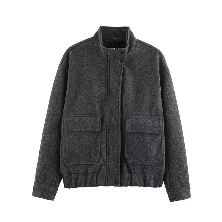 Women's Wool Look Bomber Jacket with Stand-Up Collar, Flap Pockets and Elastic Hem Mune Fashion