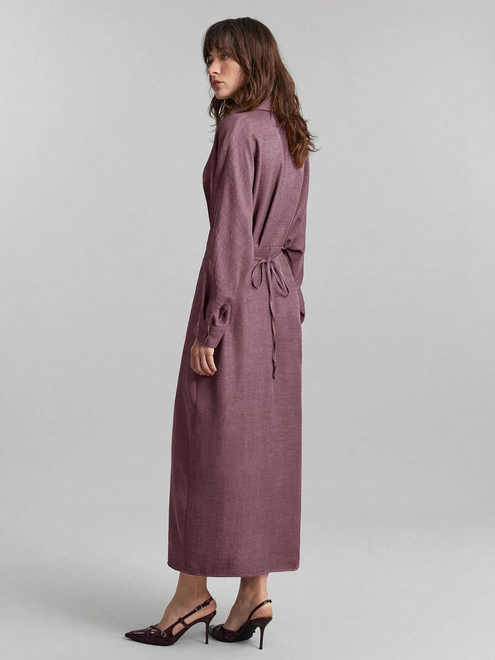 Women's linen maxi dress with shirt collar, full button placket, and batwing sleeves Mune Fashion