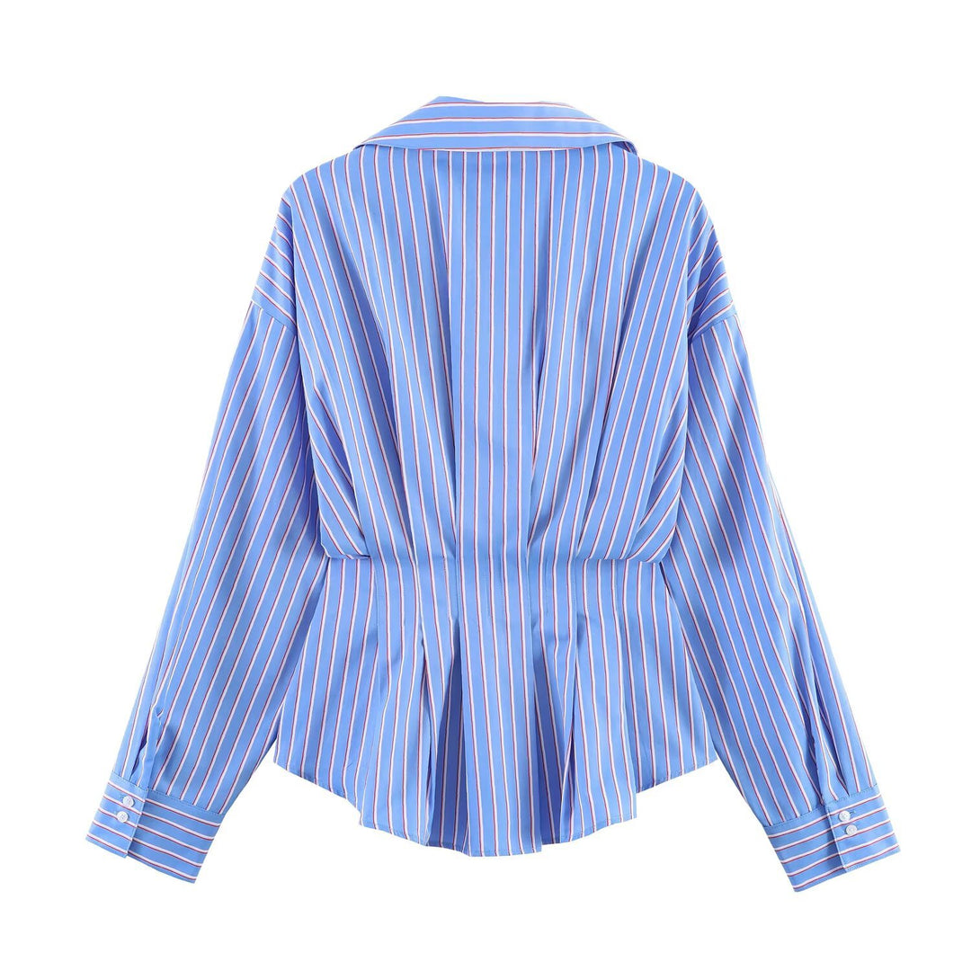 Women Striped Oversized Blouse with Tailoring Gatherings and Shirt Collar Mune Fashion