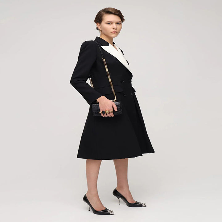 Women's fitted blazer dress-coat with contrasting shawl collar and flared skirt Mune Fashion