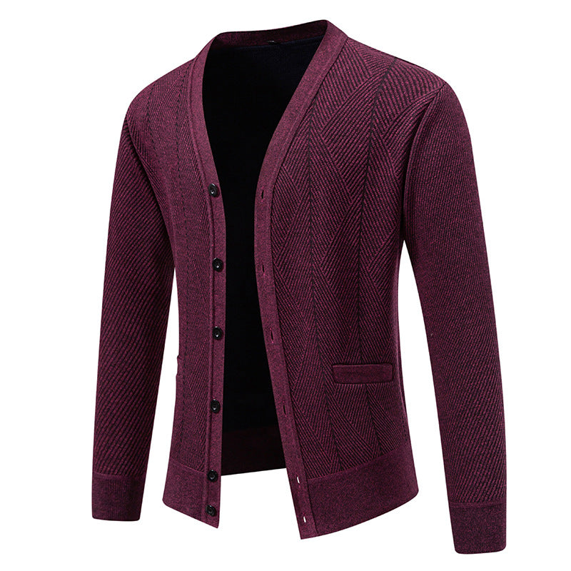 Men's Structured Fine Knit Cardigan with Chevron Pattern, V-Neck and Insert Pockets Mune Fashion