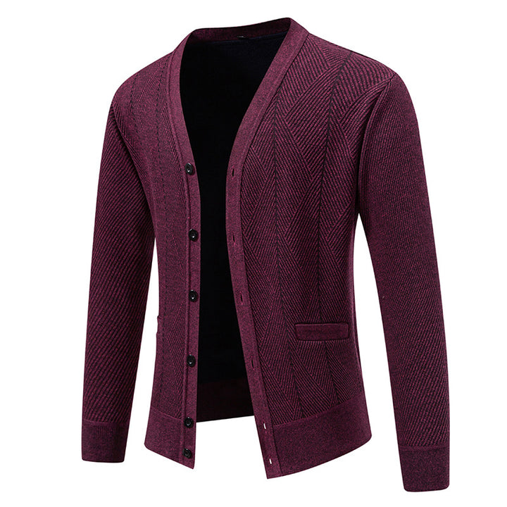 Men's Structured Fine Knit Cardigan with Chevron Pattern, V-Neck and Insert Pockets Mune Fashion