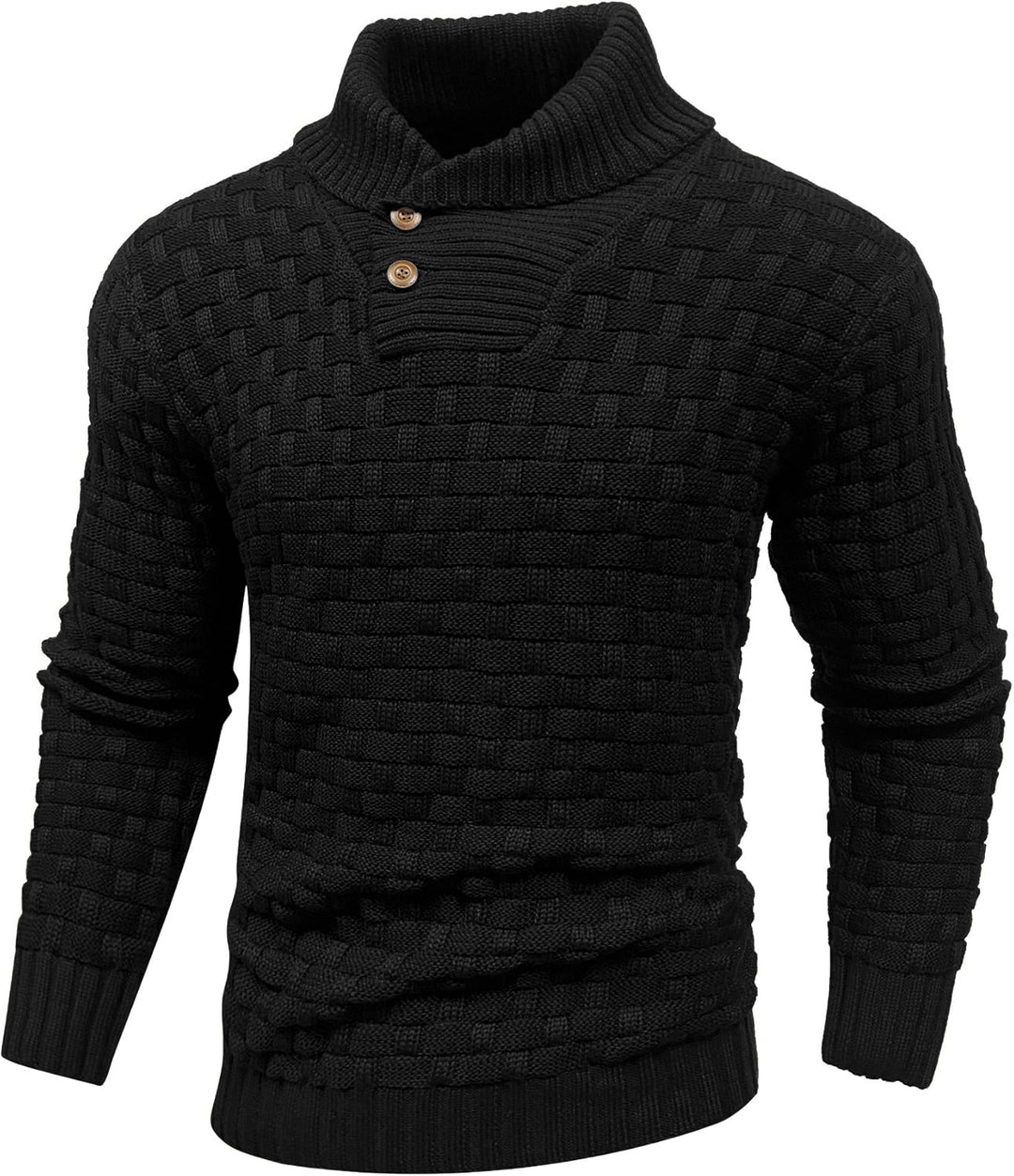 Men's chunky knit sweater with high roll neck, button placket and basket knit Mune Fashion