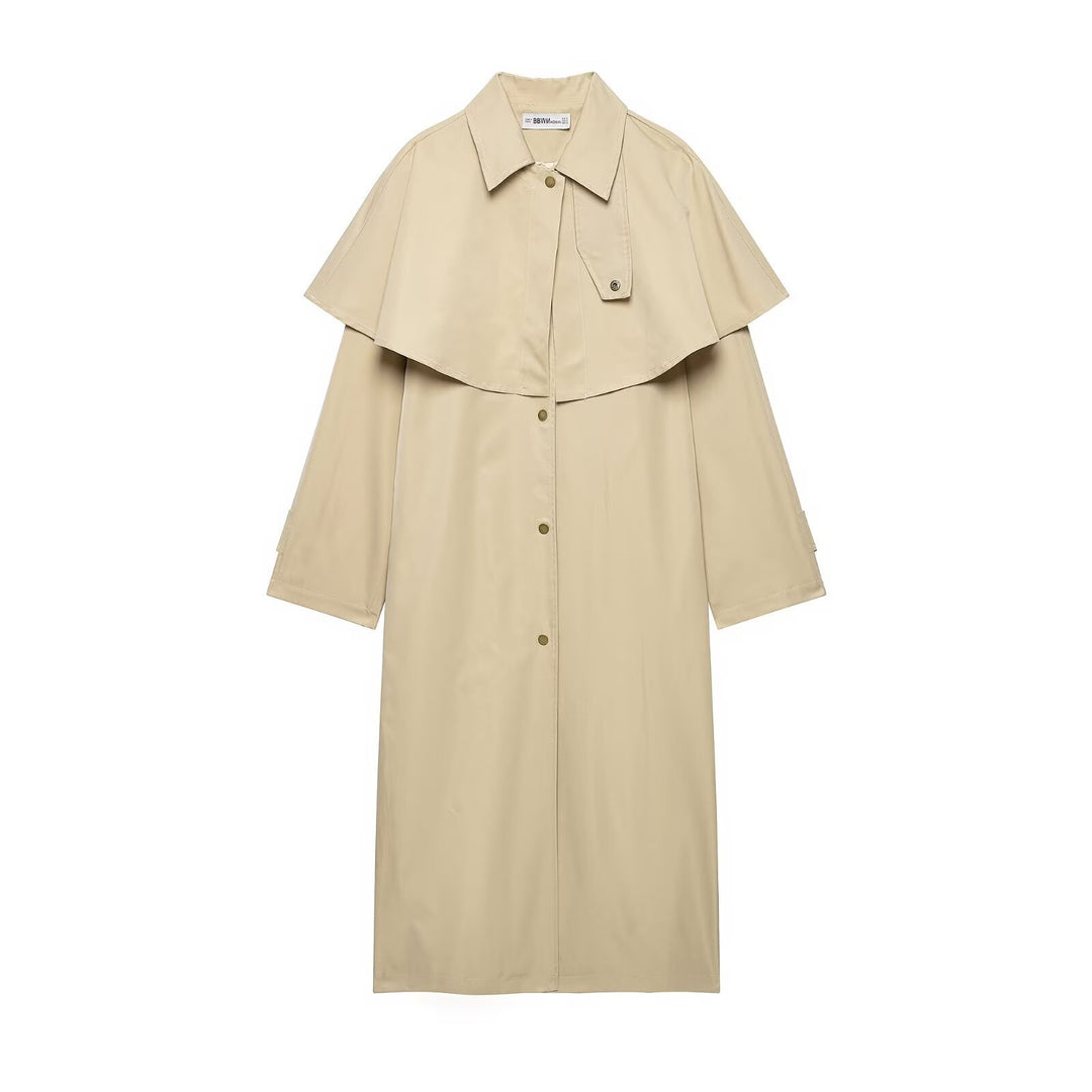 Women's Lightweight Trench Coat with Shoulder Cape and Snap Button Closure Mune Fashion