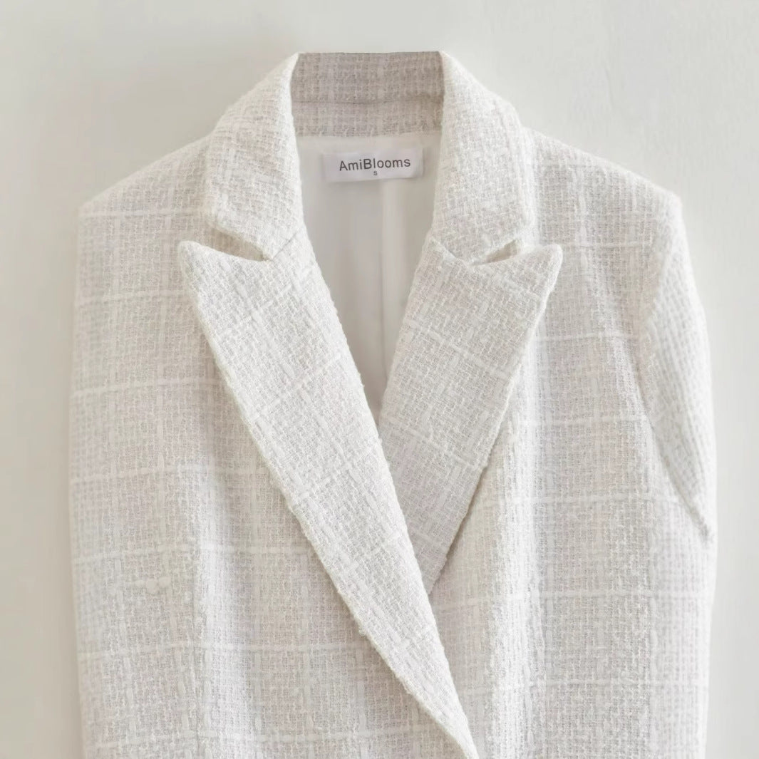 Women's Double-Breasted Boucle Tweed Blazer with Shawl Collar and Flap Pockets Mune Fashion