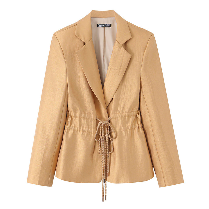 Ladies Tailored Satin Blazer with Drawstring, Revers Collar and Casual Silhouette Mune Fashion