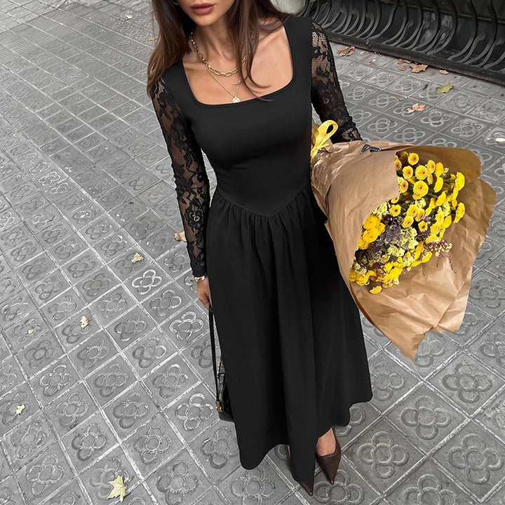 Women Figure-flattering Midi Dress with Lace Sleeves and Square Neckline Mune Fashion