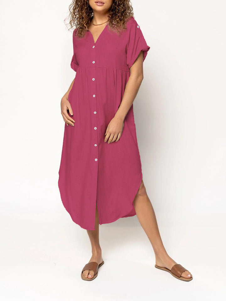 Ladies mid dress with button placket, V-neck and casual babydoll fit Mune Fashion