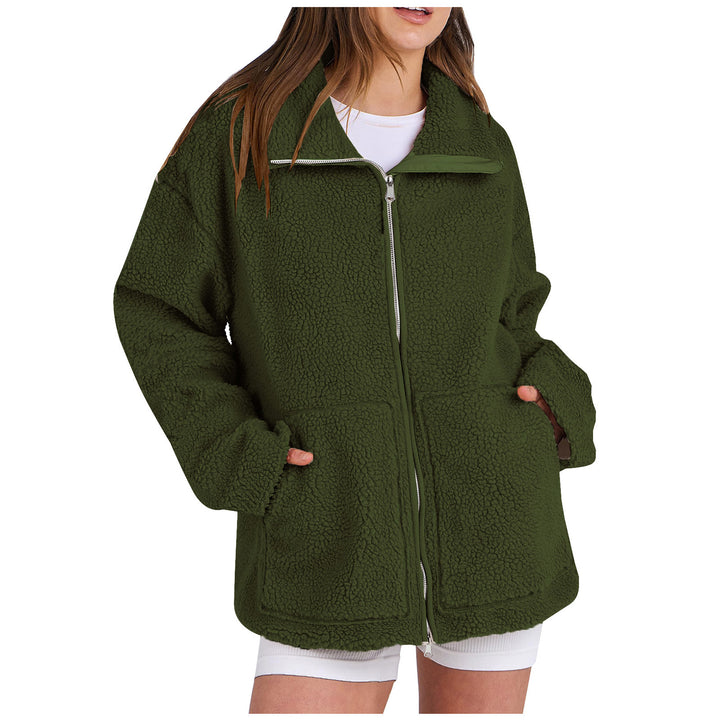 Women's oversized teddy fur jacket with stand-up collar, zipper, and patch pockets Mune Fashion