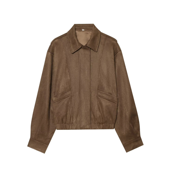 Women's Oversized Bomber Jacket in Vintage Velour Look with Kent Collar, Patch Pockets and Elastic Hem Mune Fashion