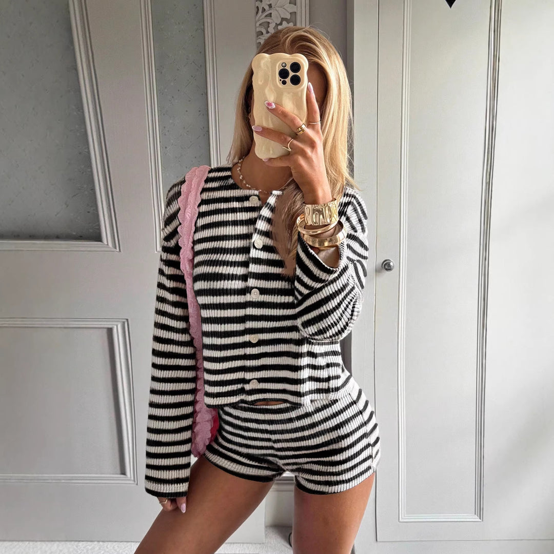 Women's striped fine knit loungewear set with button placket and high waist shorts Mune Fashion