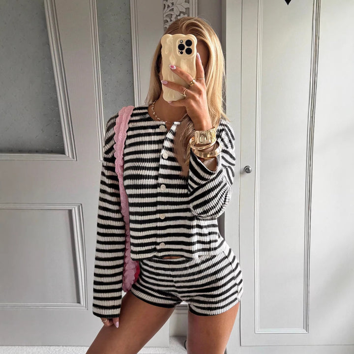 Women's striped fine knit loungewear set with button placket and high waist shorts Mune Fashion