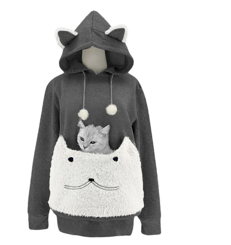 Ladies Cozy Hoodie with Cat Motif and Practical Kangaroo Pocket Mune