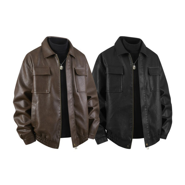Men's Overshirt-Bomber Jacket made of Synthetic Leather with Flap Chest Pockets & Elastic Hem Mune Fashion