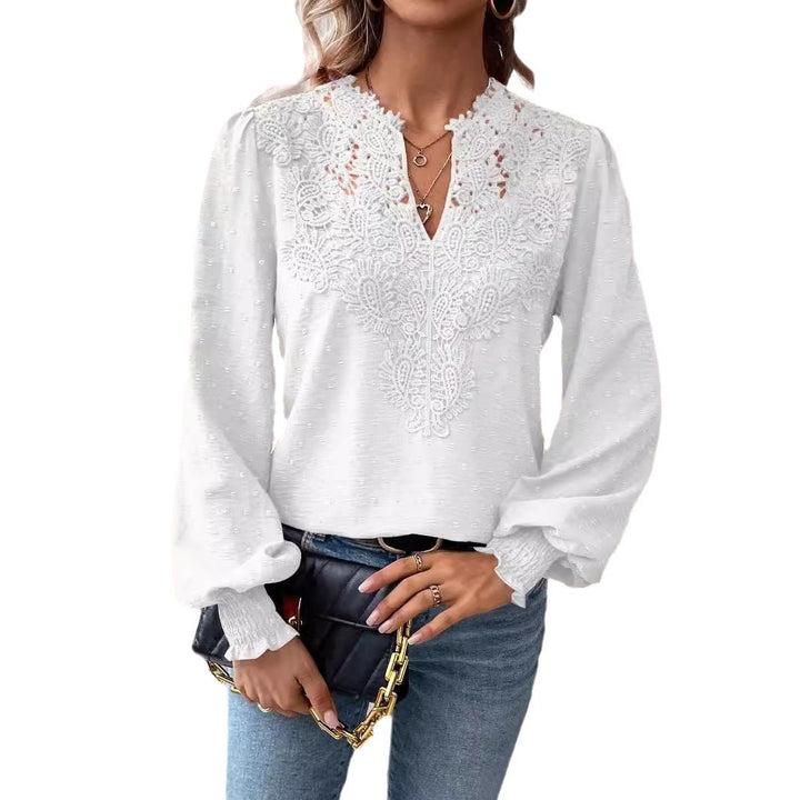Women’s blouse with lace plastron, V-neck and balloon sleeves Mune Fashion