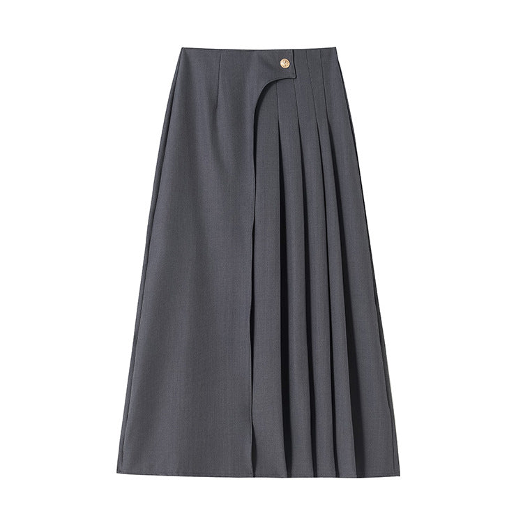 Women's high-waisted A-line skirt with asymmetrical pleats and decorative button closure Mune Fashion