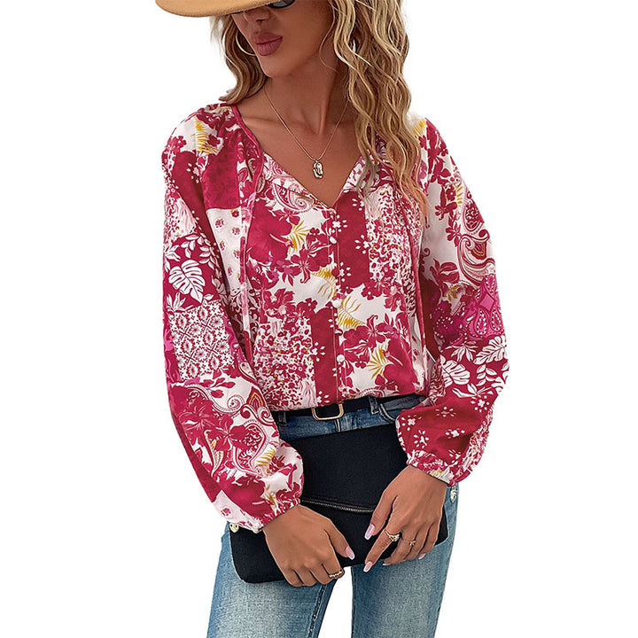 Ladies Patchwork Blouse with V-neck, BindMune Fashion and Balloon Sleeves Mune Fashion