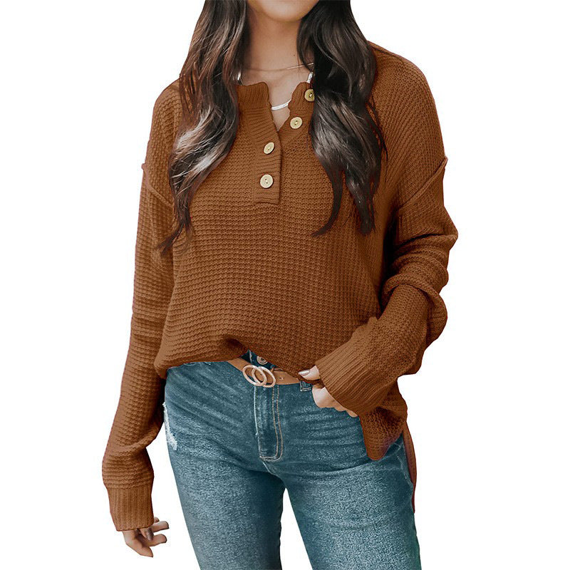 Women's Relaxed Waffle Texture Henley Pullover with Button Placket and Dropped Shoulder Mune Fashion