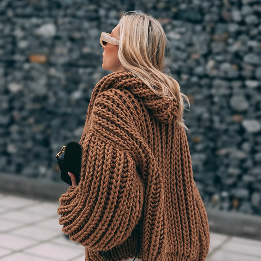 Women Oversize Chunky Knit Cardigan with Large Hood & Voluminous Sleeves Mune Fashion