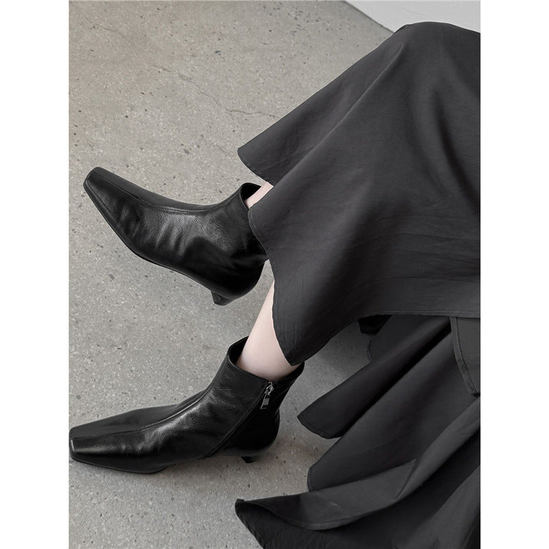 Women's Elegant Leather Ankle Boots with Square Toe Shape, Short Sculpted Heel, and Inside Zipper Mune Fashion