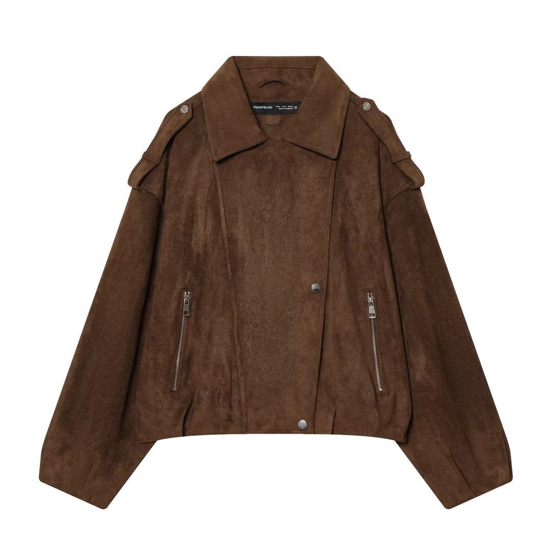 Women Short Suede Biker Jacket with Shoulder Flaps, Zipper Pockets and Boxy Silhouette Mune Fashion