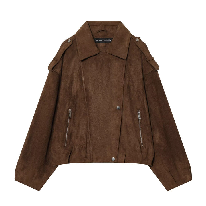 Women Short Suede Biker Jacket with Shoulder Flaps, Zipper Pockets and Boxy Silhouette Mune Fashion