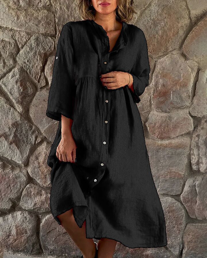 Women's Loose Midi Dress in Linen Blend with Continuous Button Placket and Side Pockets Mune Fashion