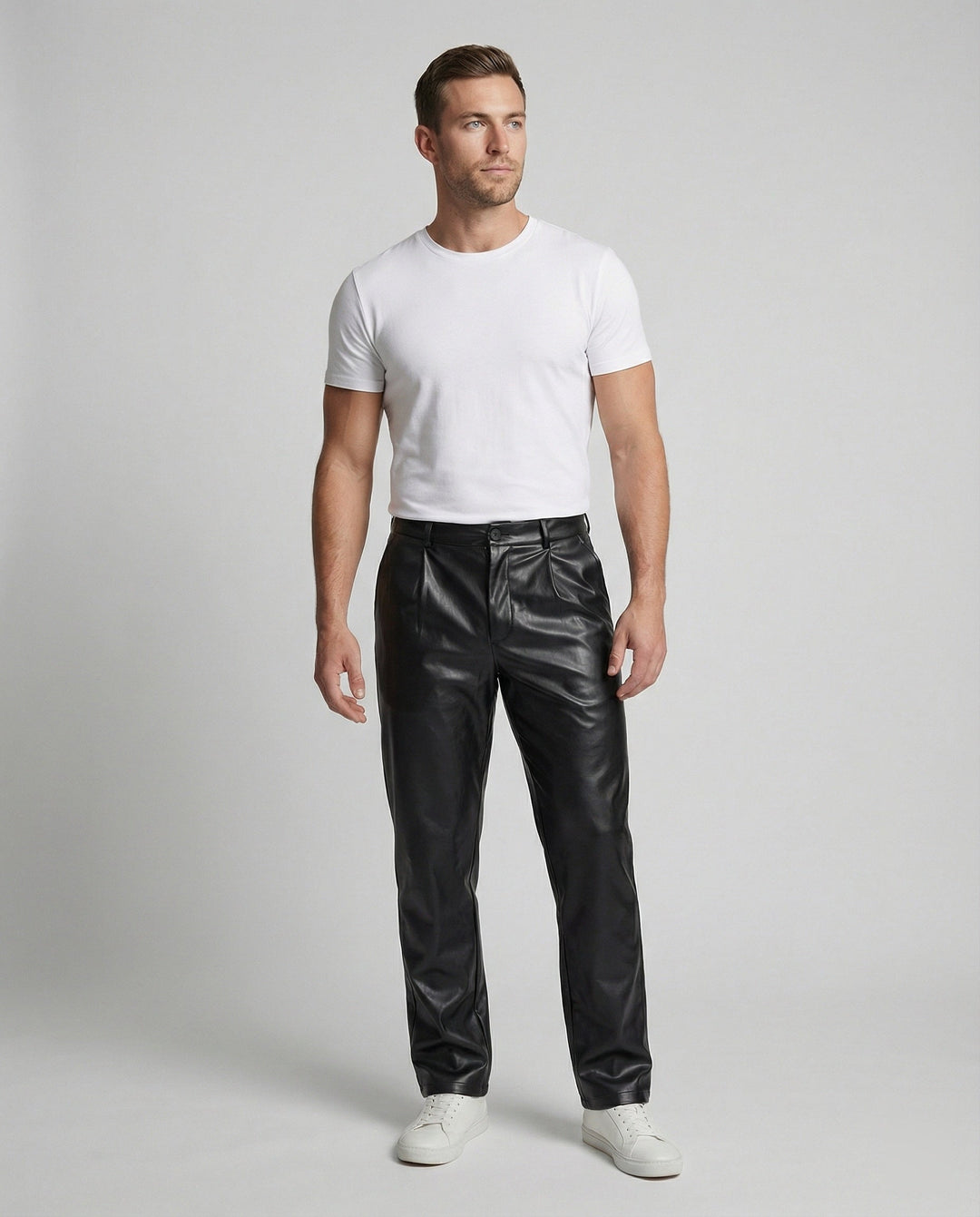 Men's faux leather trousers elegantly tailored